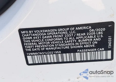 2020 Volkswagen Passat 2.0T R-Line z USA, uszkodzony, nr VIN 1VWMA7A31LC021956